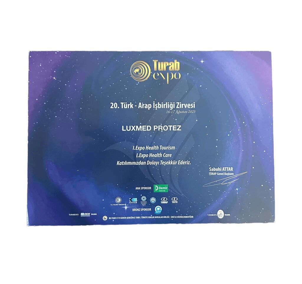 Luxmed Protez 20. Türk-Arap İşbirliği Zirvesi TURAB Expo katılım belgesi